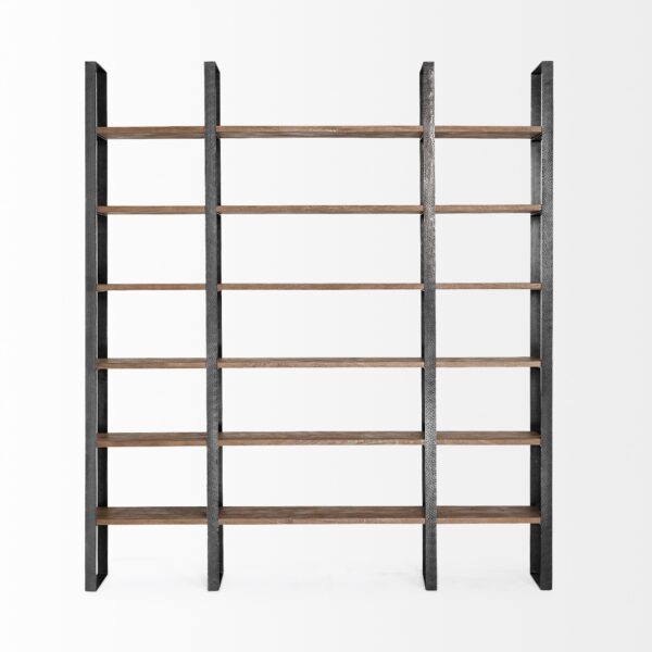 Brown Iron and Solid Wood Six Tier Bookcase