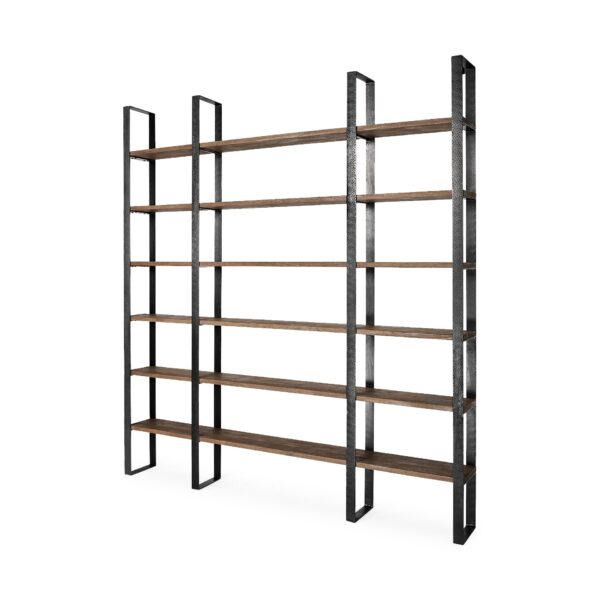 Brown Iron and Solid Wood Six Tier Bookcase