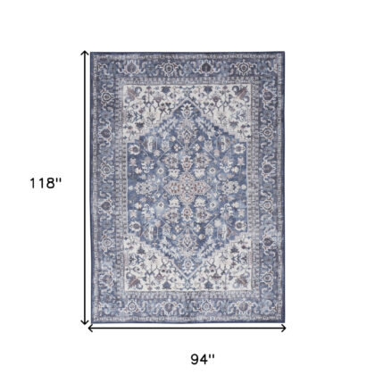 8' x 10' Gray Ivory and Blue Floral Distressed Washable Area Rug