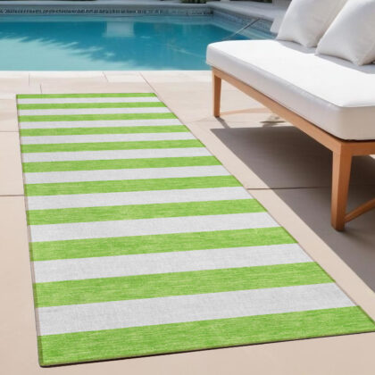2' X 8' Lime Green and White Striped Washable Indoor Outdoor Runner Rug