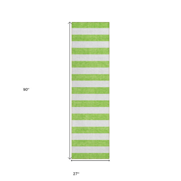 2' X 8' Lime Green and White Striped Washable Indoor Outdoor Runner Rug