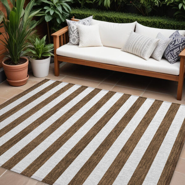 10' X 14' Chocolate Striped Washable Non Skid Indoor Outdoor Area Rug