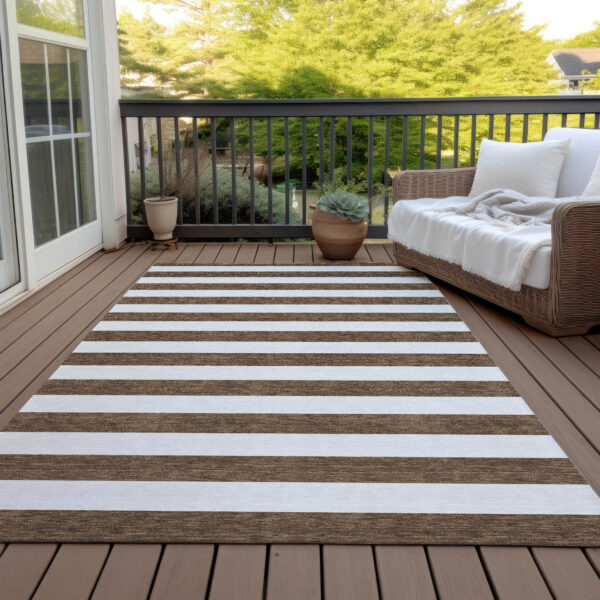 10' X 14' Chocolate Striped Washable Non Skid Indoor Outdoor Area Rug