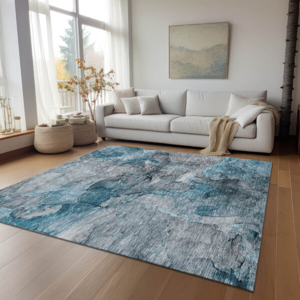5' X 8' Teal Blue And Navy Blue Abstract Washable Indoor Outdoor Area Rug