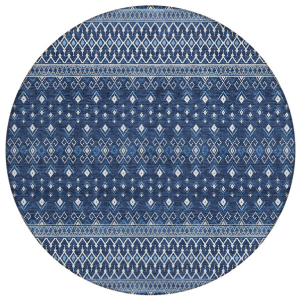 8' Navy Blue And Denim Blue Round Tribal Washable Indoor Outdoor Area Rug