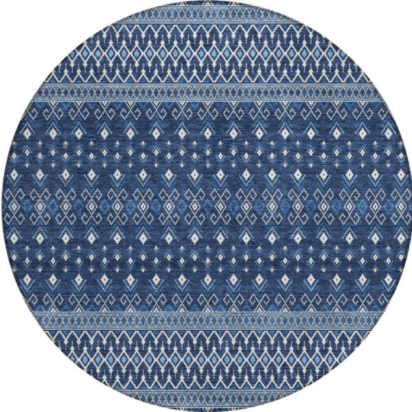 8' Navy Blue And Denim Blue Round Tribal Washable Indoor Outdoor Area Rug