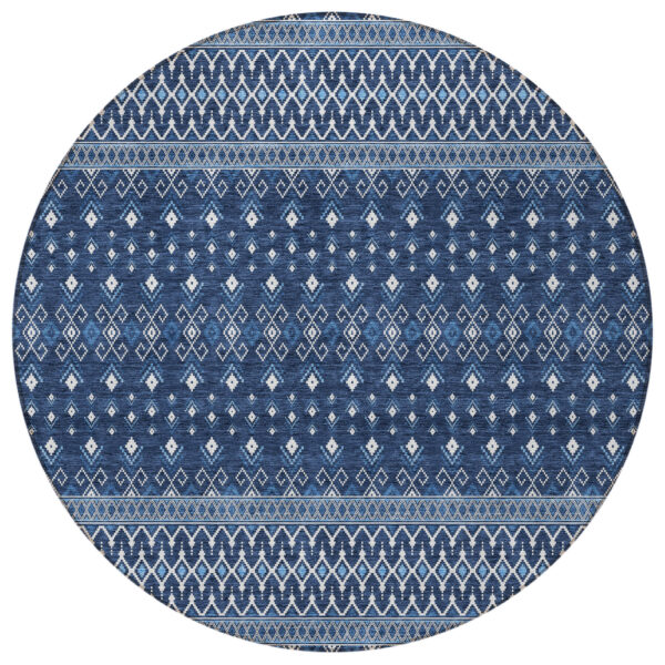 8' Navy Blue And Denim Blue Round Tribal Washable Indoor Outdoor Area Rug