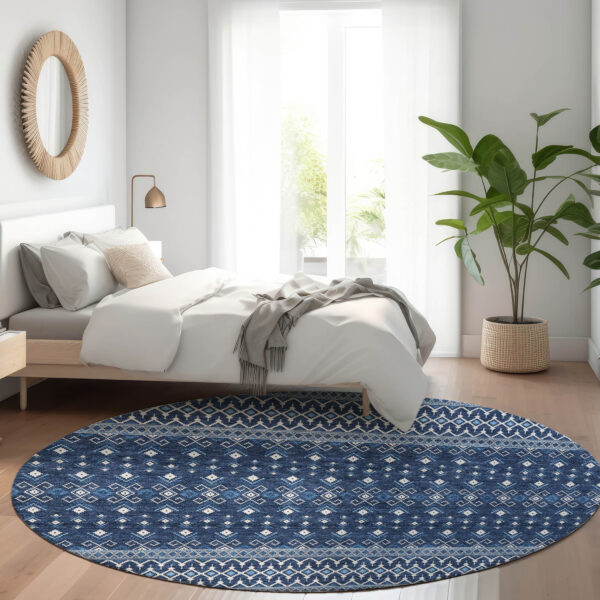 8' Navy Blue And Denim Blue Round Tribal Washable Indoor Outdoor Area Rug