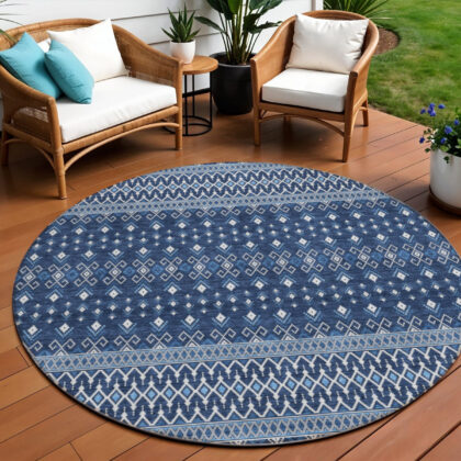 8' Navy Blue And Denim Blue Round Tribal Washable Indoor Outdoor Area Rug