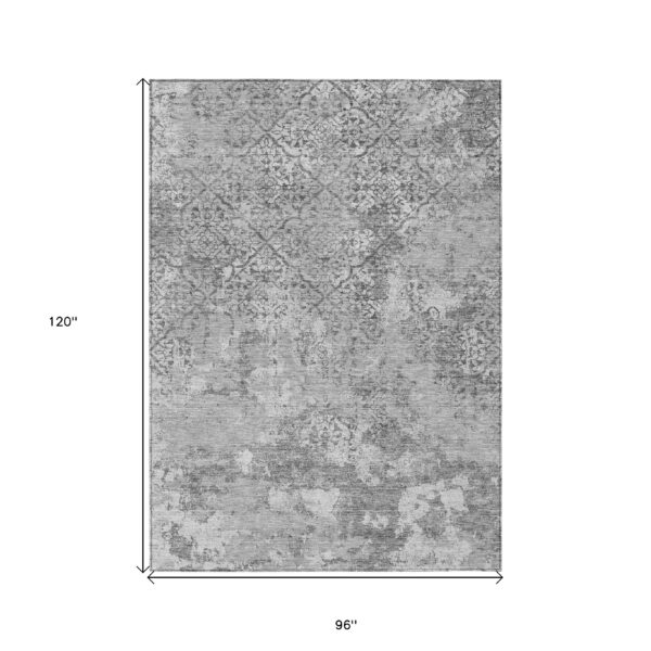 8' X 10' Gray Charcoal And Silver Floral Washable Indoor Outdoor Area Rug