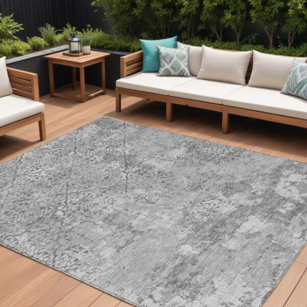 8' X 10' Gray Charcoal And Silver Floral Washable Indoor Outdoor Area Rug