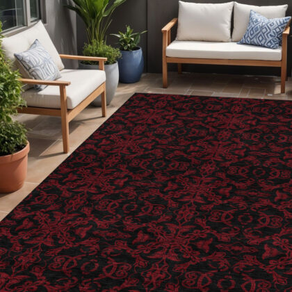 5' X 8' Red And Black Medallion Washable Indoor Outdoor Area Rug