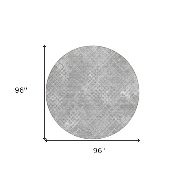8' Gray And Silver Round Geometric Washable Indoor Outdoor Area Rug
