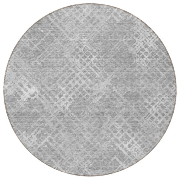 8' Gray And Silver Round Geometric Washable Indoor Outdoor Area Rug