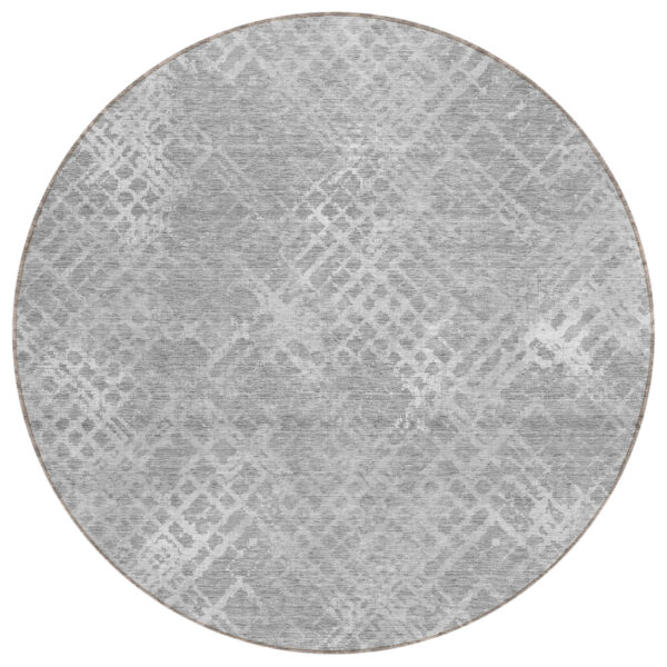 8' Gray And Silver Round Geometric Washable Indoor Outdoor Area Rug