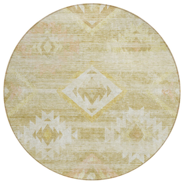 8' Wheat Gold And Beige Round Southwestern Washable Indoor Outdoor Area Rug