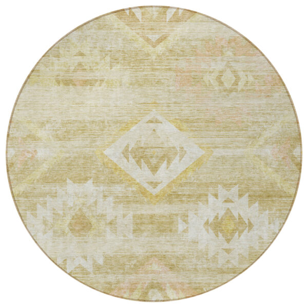 8' Wheat Gold And Beige Round Southwestern Washable Indoor Outdoor Area Rug