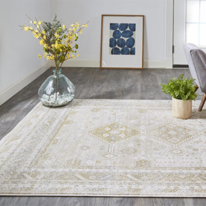 5' X 8' Gold And Ivory Floral Stain Resistant Area Rug