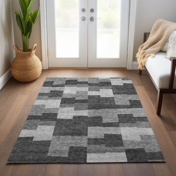 9' X 12' Gray Silver And Charcoal Geometric Washable Indoor Outdoor Area Rug