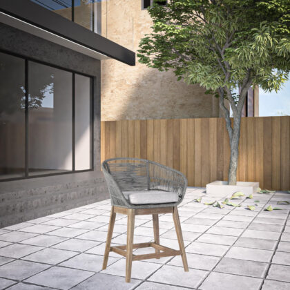 38" Light Gray Solid Wood Low back Outdoor Bar Height chair with Footrest