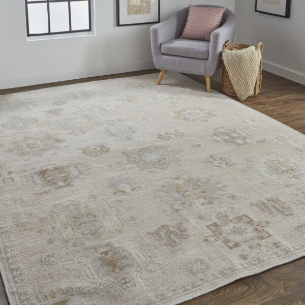 12' X 15' Tan And Brown Floral Hand Knotted Stain Resistant Area Rug