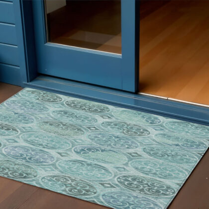 3' X 5' Teal Blue And Aqua Trellis Washable Indoor Outdoor Area Rug