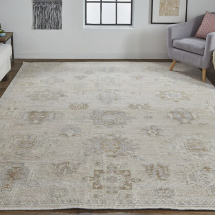 12' X 15' Tan And Brown Floral Hand Knotted Stain Resistant Area Rug