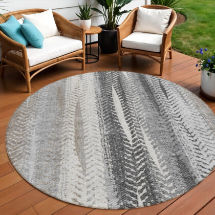 8' Khaki Ivory And Gray Round Botanical Leaves Washable Indoor Outdoor Area Rug
