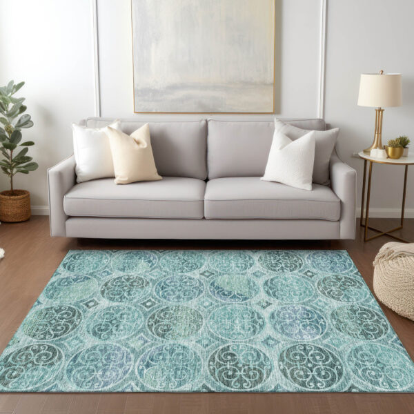3' X 5' Teal Blue And Aqua Trellis Washable Indoor Outdoor Area Rug