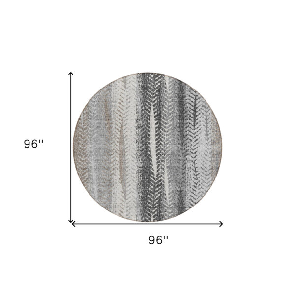 8' Khaki Ivory And Gray Round Botanical Leaves Washable Indoor Outdoor Area Rug