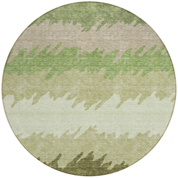 8' Beige And Olive Green Round Striped Washable Indoor Outdoor Area Rug
