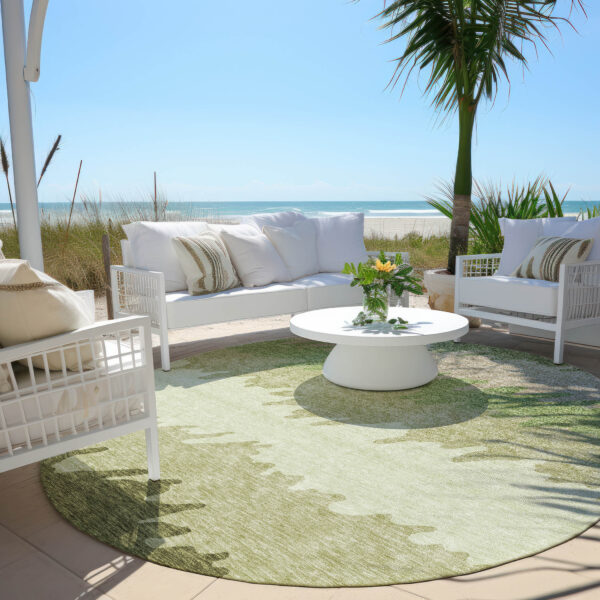 8' Beige And Olive Green Round Striped Washable Indoor Outdoor Area Rug