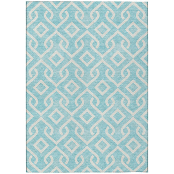 3' X 5' Aqua And Ivory Geometric Washable Indoor Outdoor Area Rug