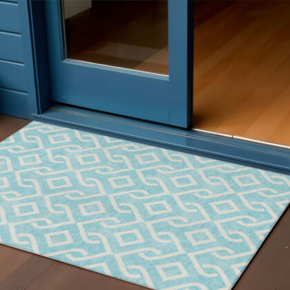 3' X 5' Aqua And Ivory Geometric Washable Indoor Outdoor Area Rug