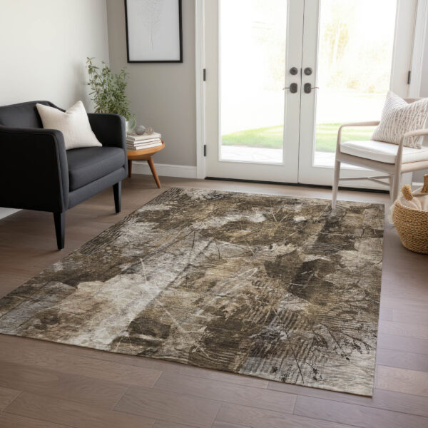 3' X 5' Taupe Floral Washable Non Skid Indoor Outdoor Area Rug