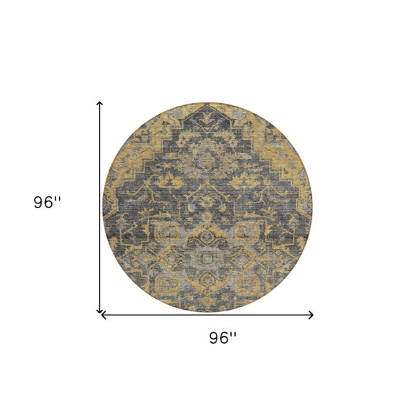 8' Gray Charcoal And Silver Round Oriental Washable Indoor Outdoor Area Rug