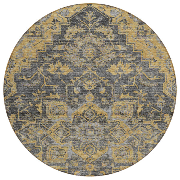 8' Gray Charcoal And Silver Round Oriental Washable Indoor Outdoor Area Rug