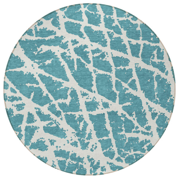 8' Round Teal Round Abstract Washable Non Skid Indoor Outdoor Area Rug