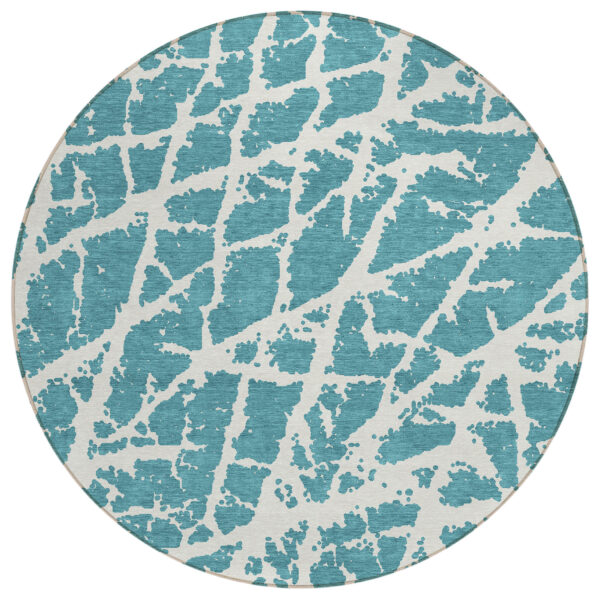 8' Round Teal Round Abstract Washable Non Skid Indoor Outdoor Area Rug