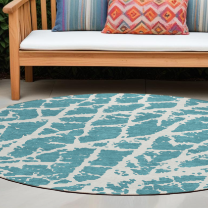 8' Round Teal Round Abstract Washable Non Skid Indoor Outdoor Area Rug