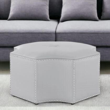 33" Silver Faux Leather Tufted Octagonal Cocktail Ottoman