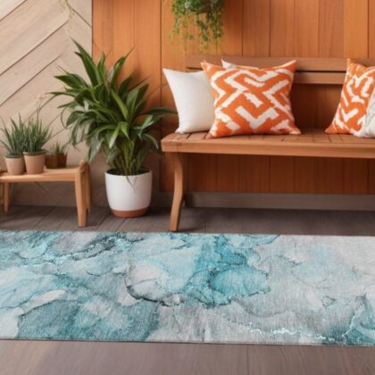 8' Runner Teal Abstract Washable Non Skid Indoor Outdoor Runner Rug
