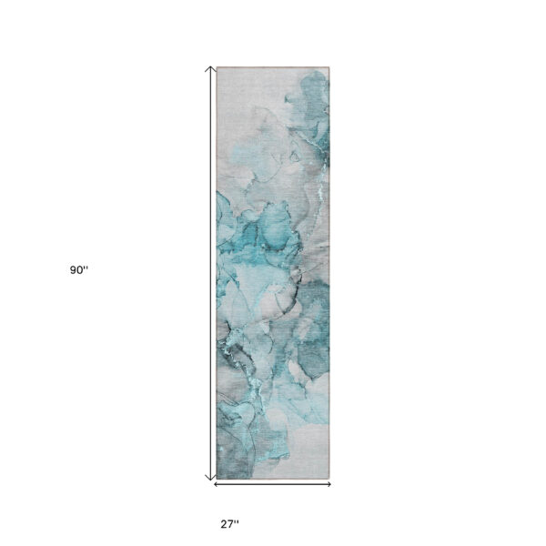 8' Runner Teal Abstract Washable Non Skid Indoor Outdoor Runner Rug