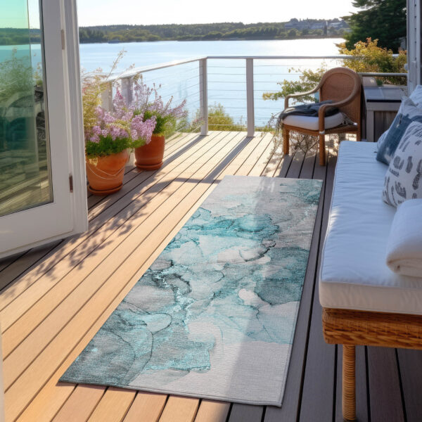 8' Runner Teal Abstract Washable Non Skid Indoor Outdoor Runner Rug