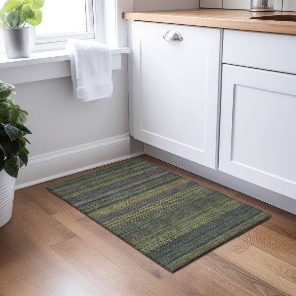 2' X 3' Olive Green Striped Washable Non Skid Indoor Outdoor Area Rug