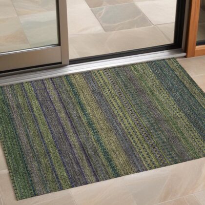 2' X 3' Olive Green Striped Washable Non Skid Indoor Outdoor Area Rug