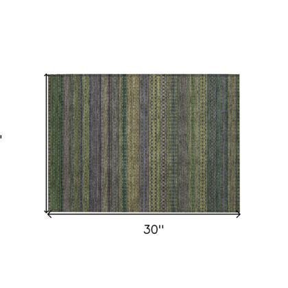 2' X 3' Olive Green Striped Washable Non Skid Indoor Outdoor Area Rug