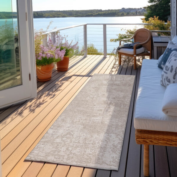 8' Runner Ivory Abstract Washable Non Skid Indoor Outdoor Runner Rug