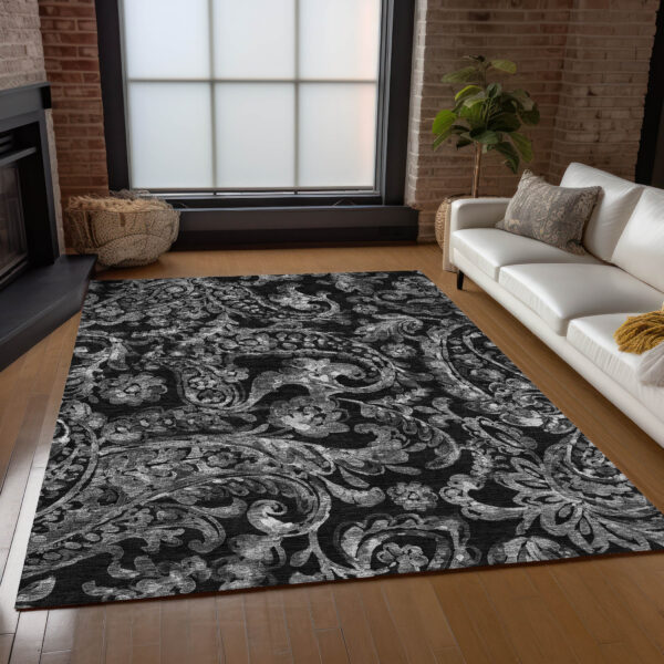 3' X 5' Black Gray And Charcoal Paisley Washable Indoor Outdoor Area Rug