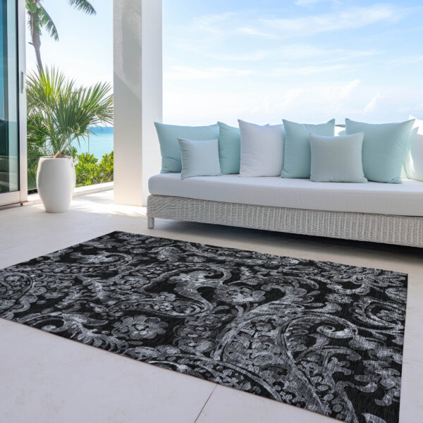 3' X 5' Black Gray And Charcoal Paisley Washable Indoor Outdoor Area Rug